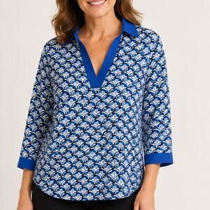 Sigrid Olsen Linen Tunic Size Large Blue Pattern V Neck 3/4 Sleeve Pullover